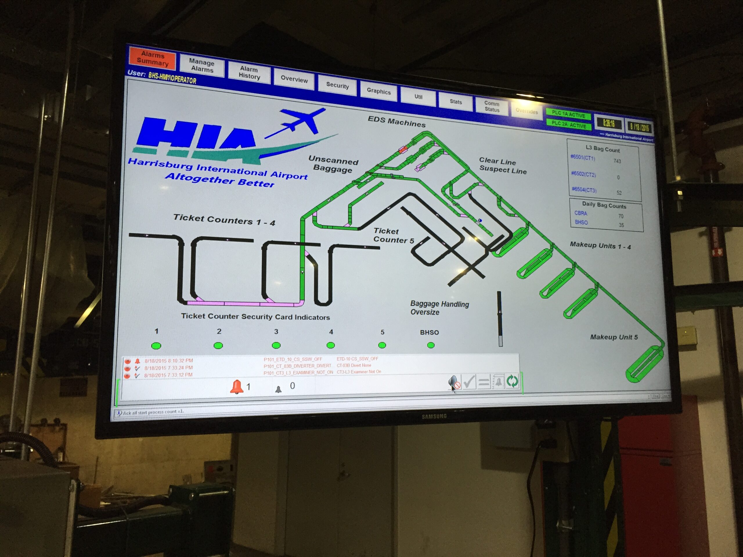 Airport baggage handling system layout on screen
